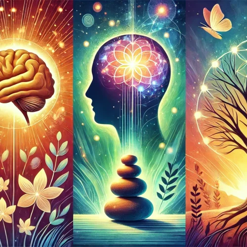 DALL·E 2025-01-01 13.35.49 - A vibrant conceptual illustration featuring three interconnected themes_ (1) A silhouette of a person with a glowing brain, symbolizing mental empower