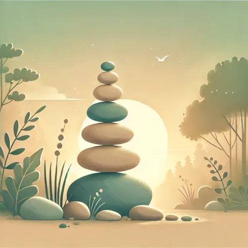 DALL·E 2025-01-01 13.37.44 - A serene illustration featuring a stack of balanced stones in nature, symbolizing harmony, peace, and balance. The image should have a natural and cal
